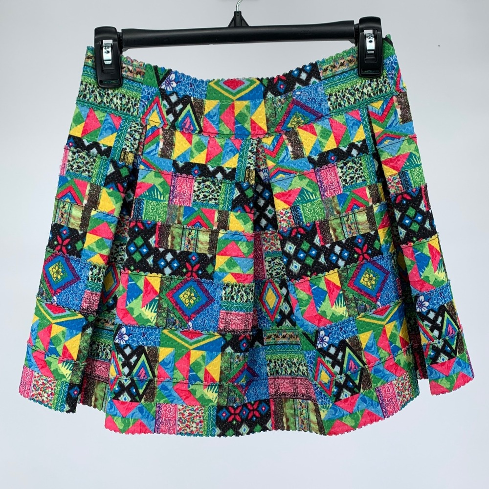 Forever 21 Sz Small Geometric Patchwork Pleated Mini Skirt Multi Color Raw Hem